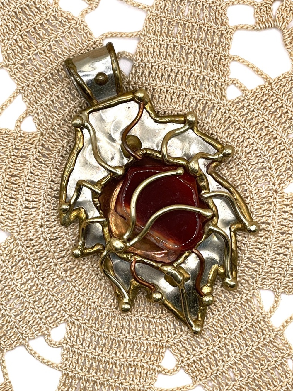 Vintage Artisan Made Boho Organic Leaf Shape Two Tone Large Stone Pendant